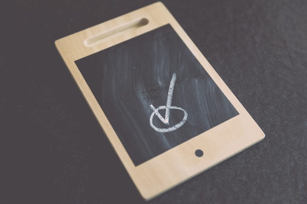 Digital Transformation card: wood and chalkboard tablet