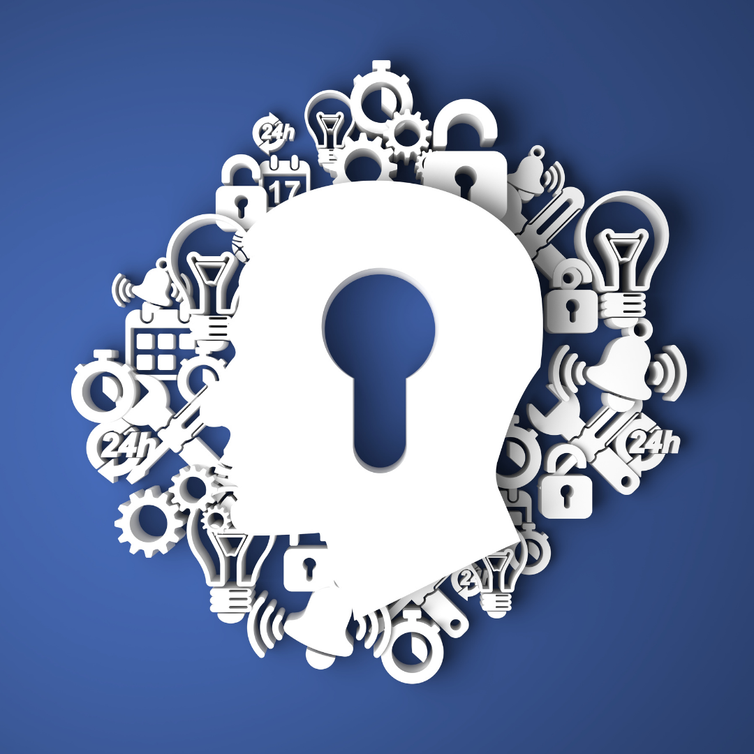 title card of Digital Marketing Psychology blog: navy background with white cut-outs of a person's silhouette with a keyhole in the middle, surrounded by locks, gears, lightbulbs, calendars, timers, and bells.