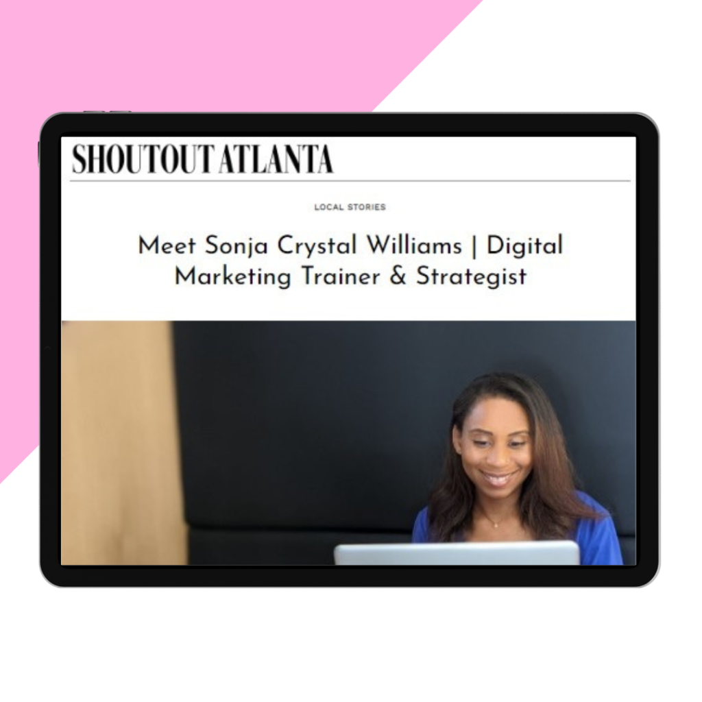 Company News featured image depicting a tablet showing a Shoutout Atlanta web article interviewing Sonja Crystal Williams