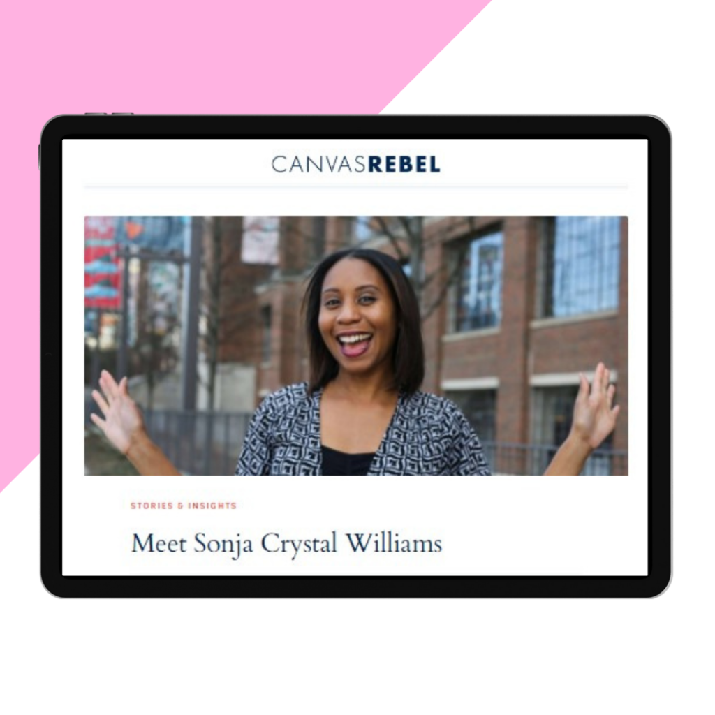 Company News title image of an electronic tablet showing a screenshot of the Canvas Rebel digital article "Meet Sonja Crystal Williams" with a cute picture of Sonja smiling.